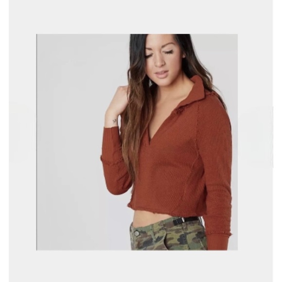 We The Free by Free People Darcy Cropped Distressed Burnt Orange Sweater Sz S - Picture 4 of 15